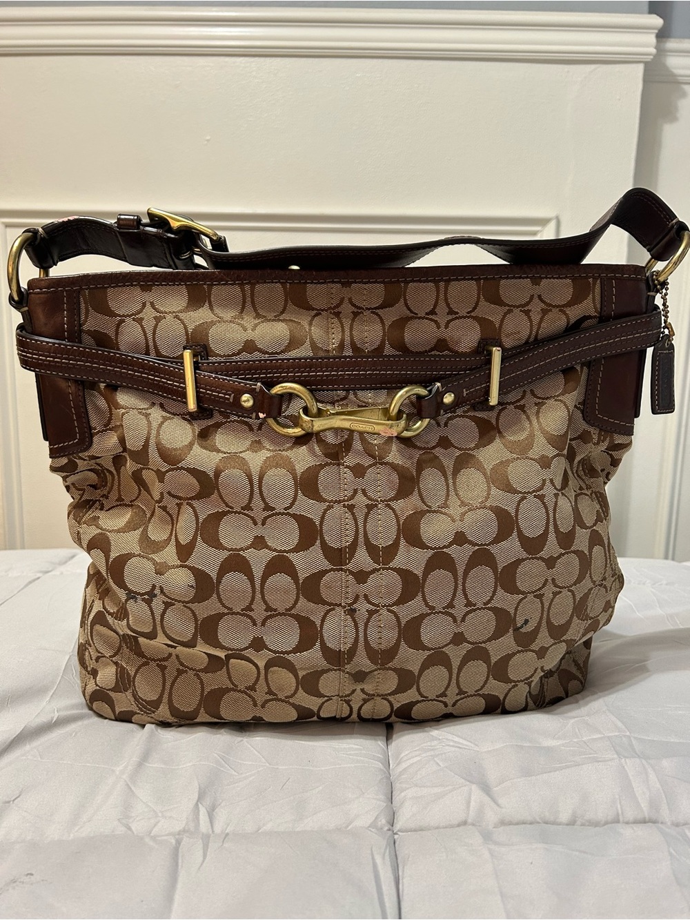 Coach Brown Signature Canvas Shoulder Bag with Gold Hardware